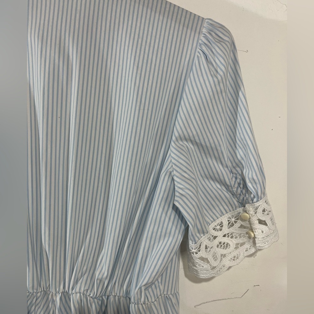 ADL Blue White Striped Shirt Dress Lace Sleeve Ruffle Hem Size XL - Picture 6 of 7